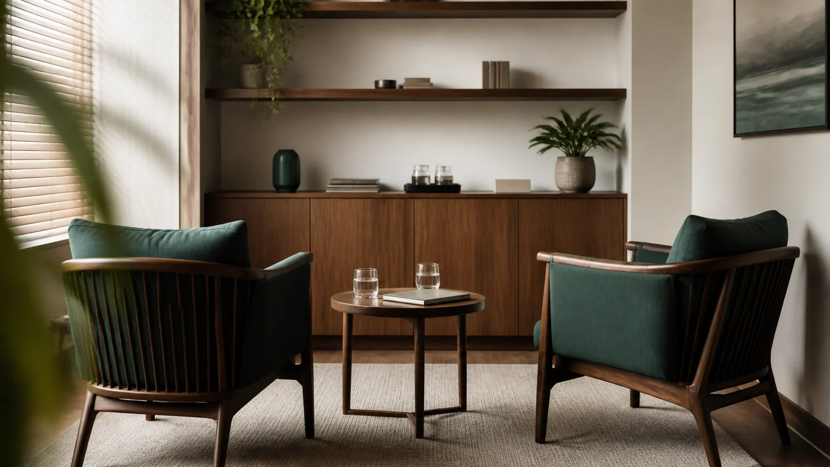 Duas poltronas voltadas para uma mesa em um ambiente reservado