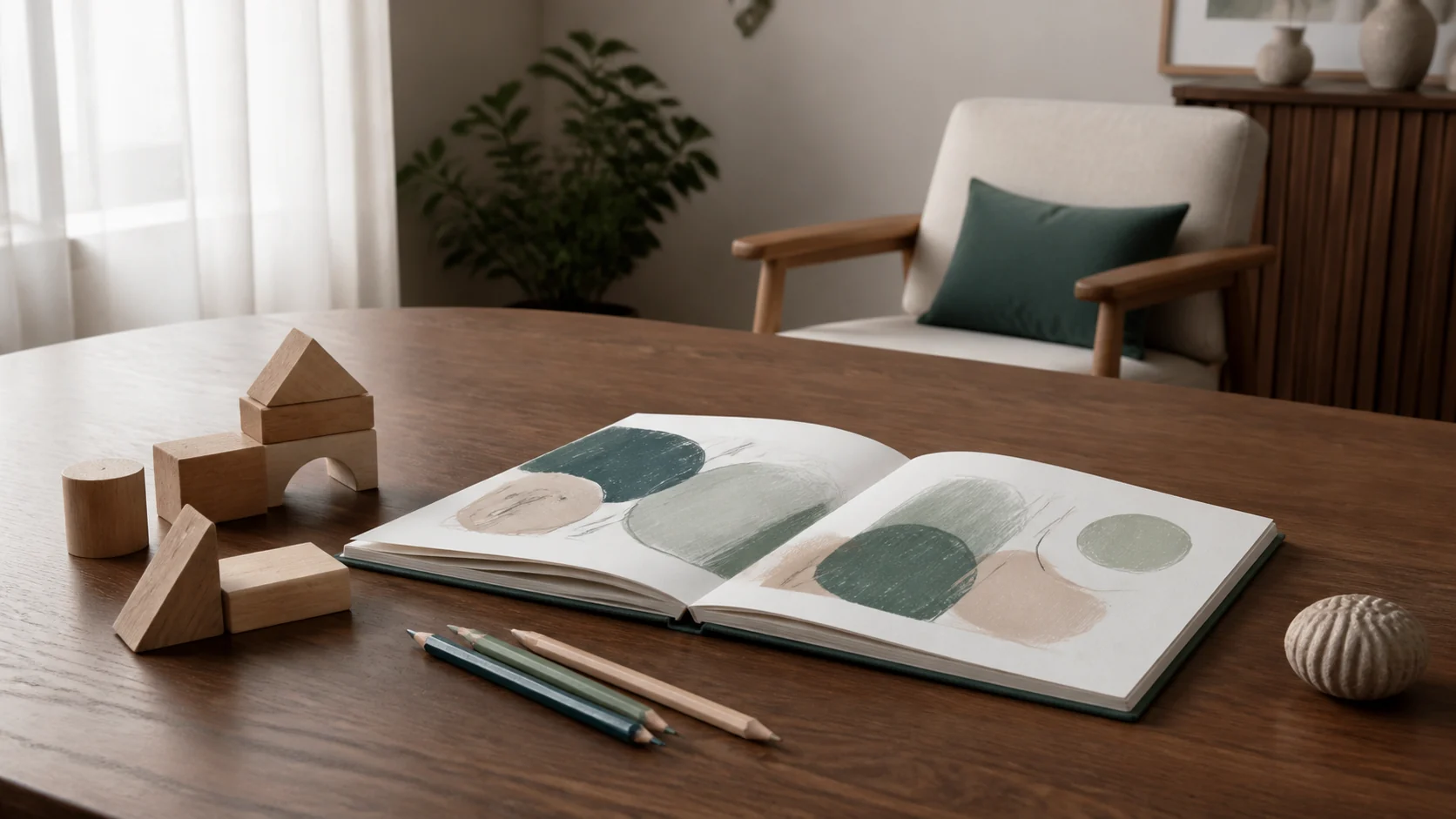 Caderno de desenho, lápis e peças de madeira em uma mesa de consultório